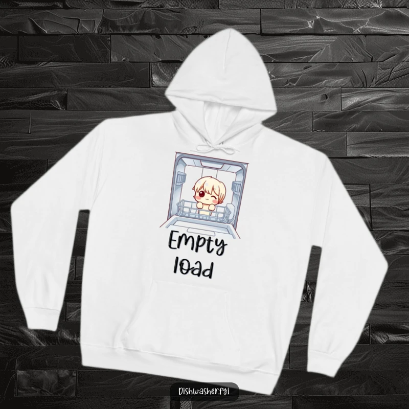 Funny Hoodie: A character curiously inspecting an empty dishwasher, offering comfort and a touch of mystery for casual wear.