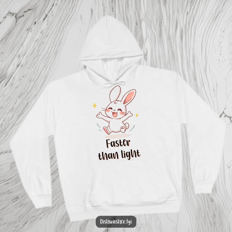 Funny rabbit hoodie featuring a joyous rabbit drying plates with energetic motion, offering cozy comfort and a playful, speedy vibe.