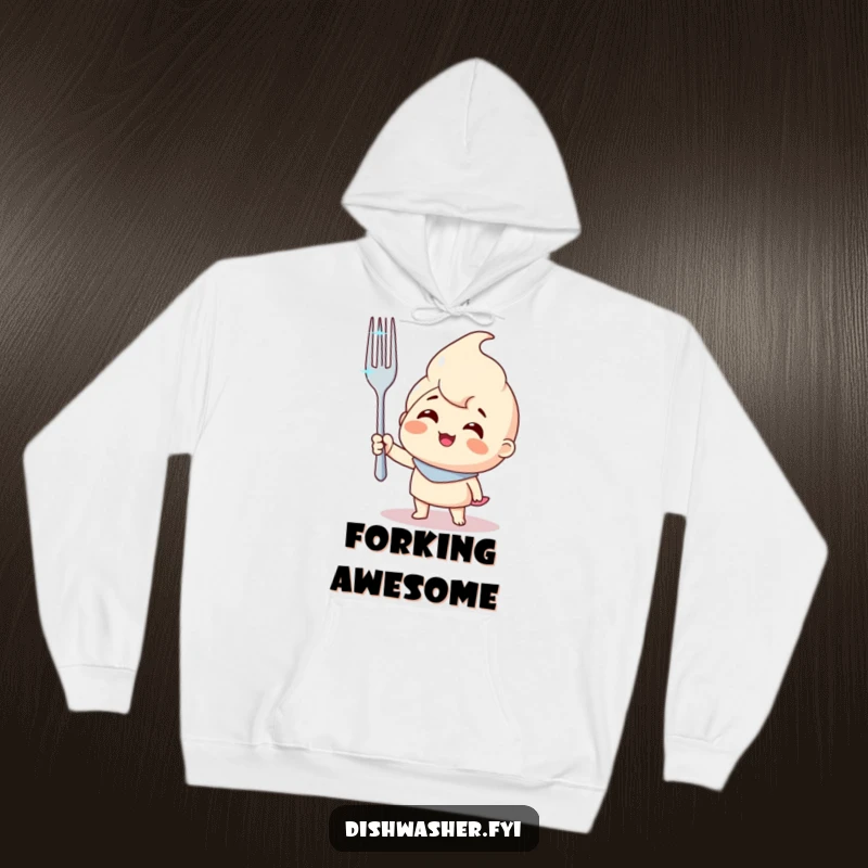 Funny hoodie featuring a smiling character holding a sparkling clean fork, offering warmth and humorous triumphant vibes.