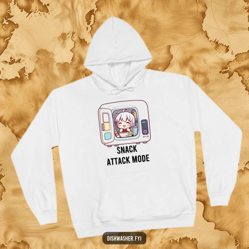 Funny hoodie displaying a character enthusiastically packing items into a compact appliance, ideal for gadget lovers seeking humor.