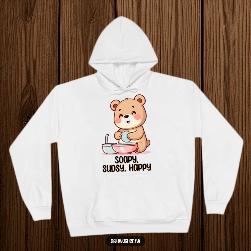 Funny bear hoodie featuring a happy bear washing dishes surrounded by bubbles, offering cozy comfort and a humorous, clean vibe.