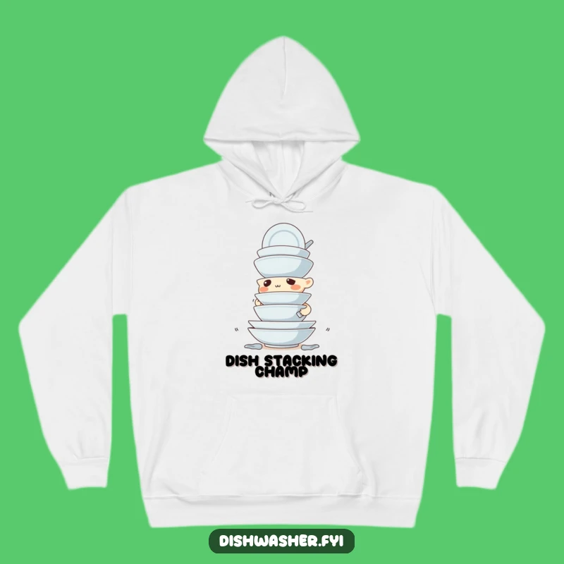 Funny Dish Stacking Hoodie: Determined Character, Cozy Precision Chore Gear