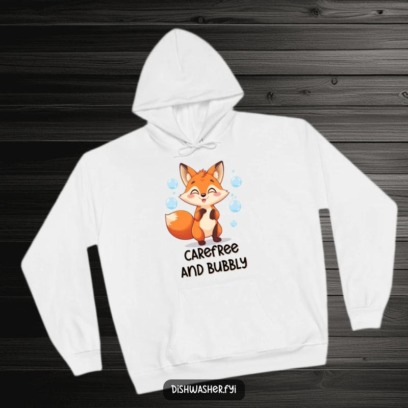 Funny fox hoodie featuring a mischievous fox juggling soap bubbles with playful glee, offering cozy comfort and a whimsical vibe.