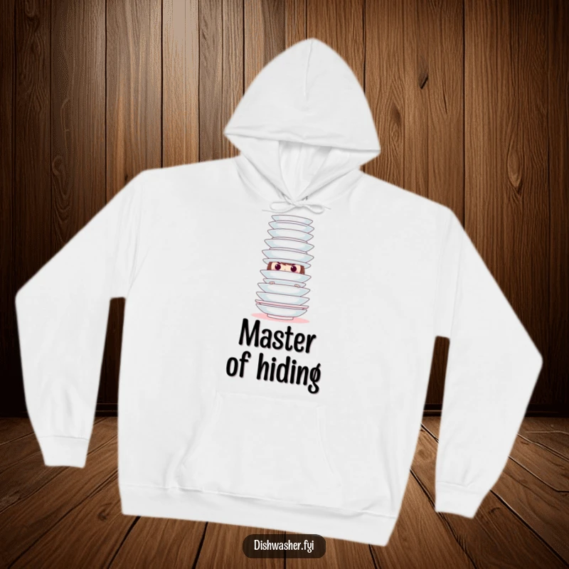 Funny hoodie featuring a mischievous character concealed behind a stack of pristine plates, offering warmth and a touch of playful secrecy.