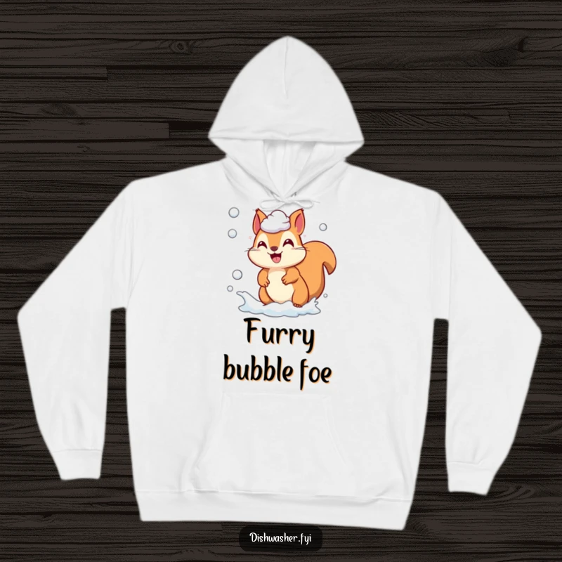 Funny playful squirrel character chasing soap suds on a soft hoodie, radiating woodland energy and joy, excellent funny gift.