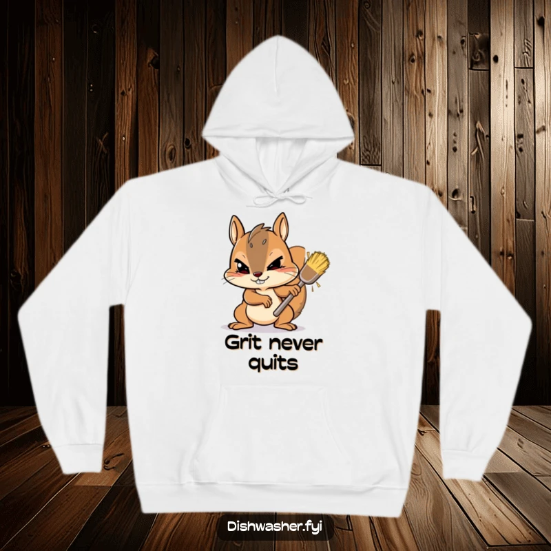 Funny Hoodie featuring a determined squirrel character scrubbing a stubborn spot with gusto, offering warmth and a resolute, humorous feel.