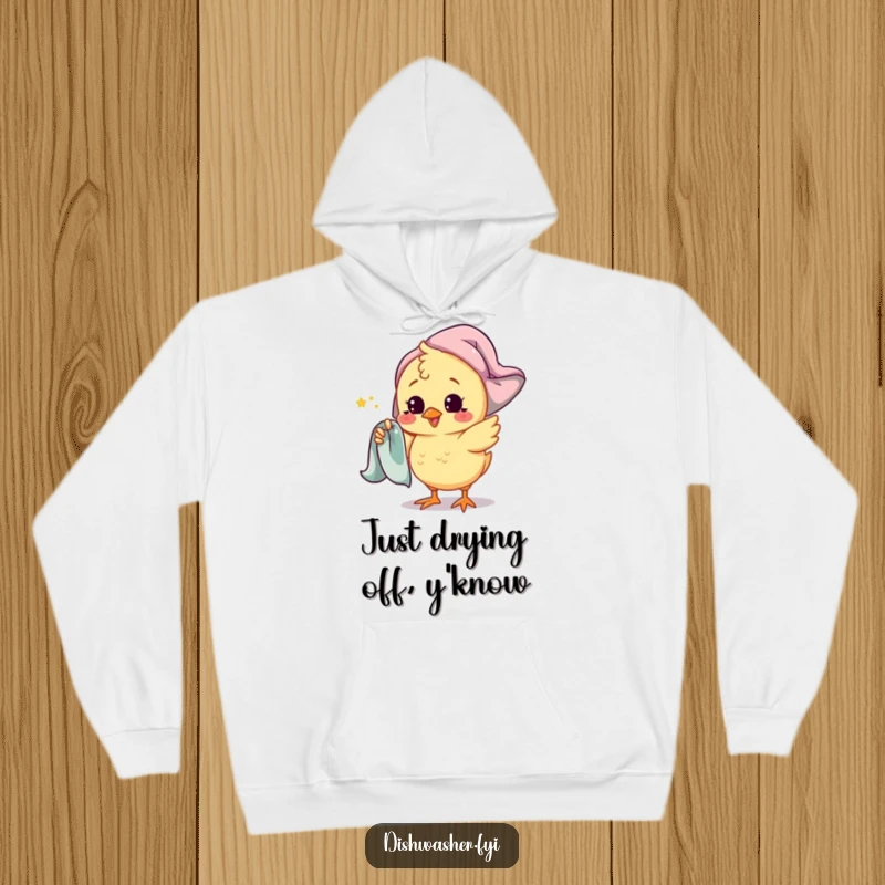 Funny chick hoodie featuring a playful chick character spinning a drying towel around its finger, offering cozy warmth and charming humor.