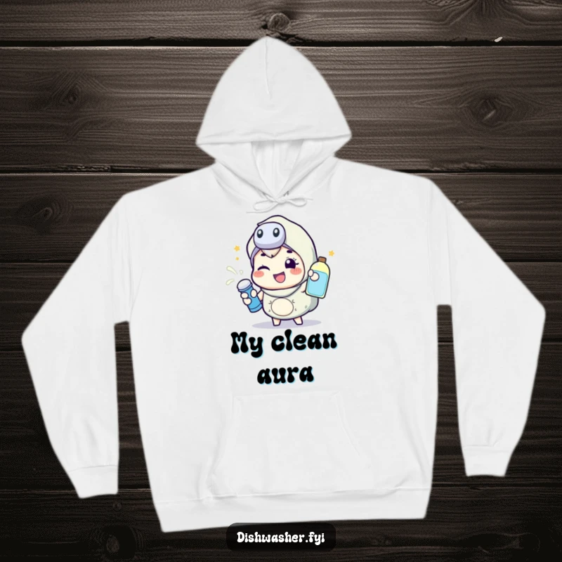 Funny hoodie depicting a happy character energetically spraying cleaning liquid with a wink, offering warmth and a dose of energetic humor.