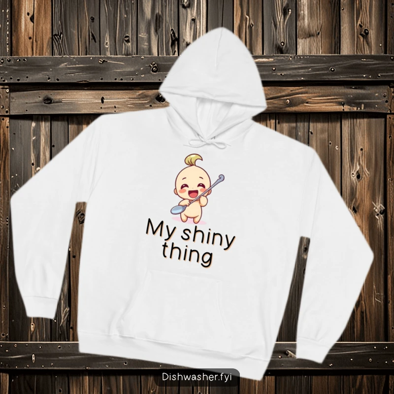 Funny Hoodie: Cozy apparel showcasing a character with extreme dedication to polishing a single, gleaming spoon with pure delight.