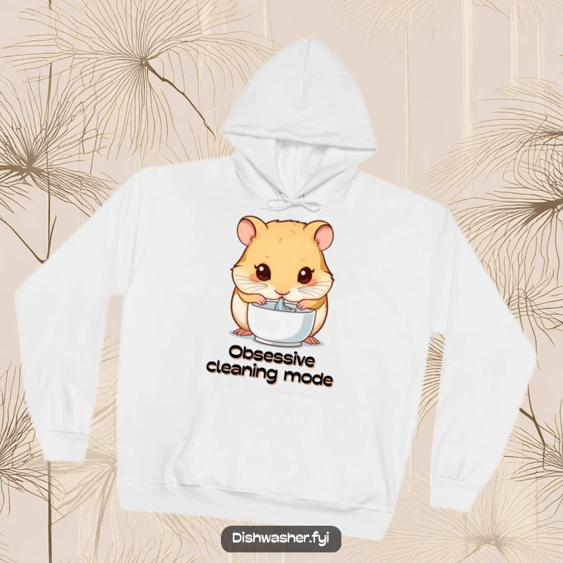 Funny hoodie showing a hamster with intense focus, meticulously drying a small bowl, representing dedication to cleanliness with a humorous twist.