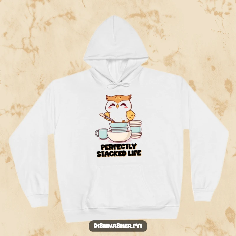 Funny Giggling Owl Hoodie, depicting a joyful owl precisely stacking clean dishes, offering cozy humor and a unique style.