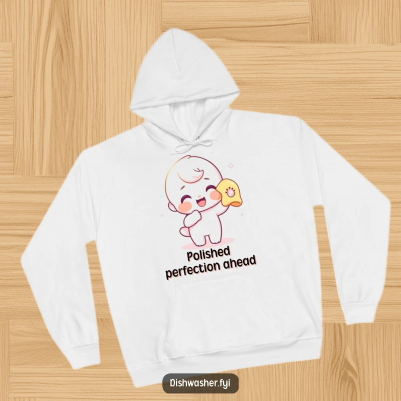 Funny hoodie showing a delighted character meticulously polishing a drinking glass until it gleams, conveying pure bliss.