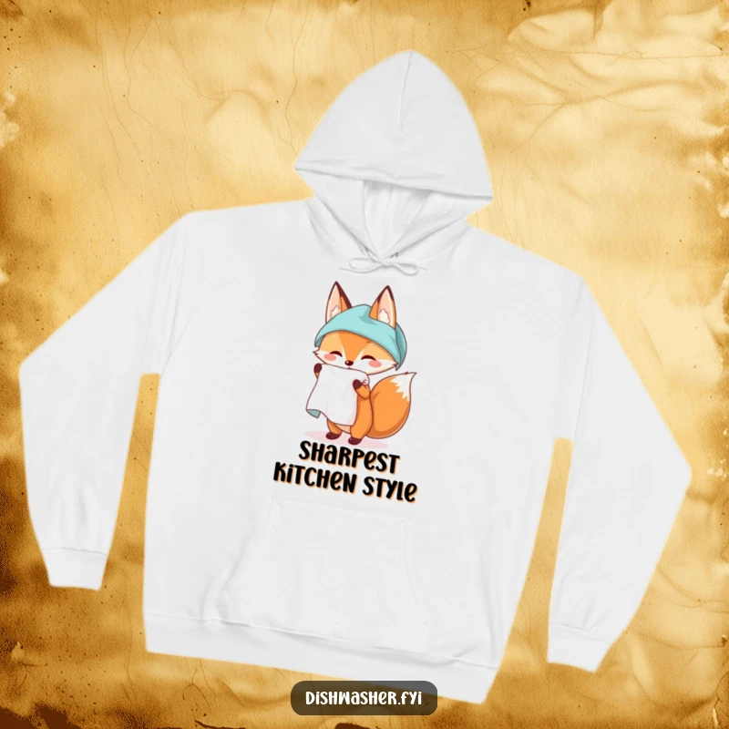 Funny hoodie depicting a fox elegantly unfurling a spotless, fresh kitchen towel, embodying cleanliness with a clever and cozy vibe.