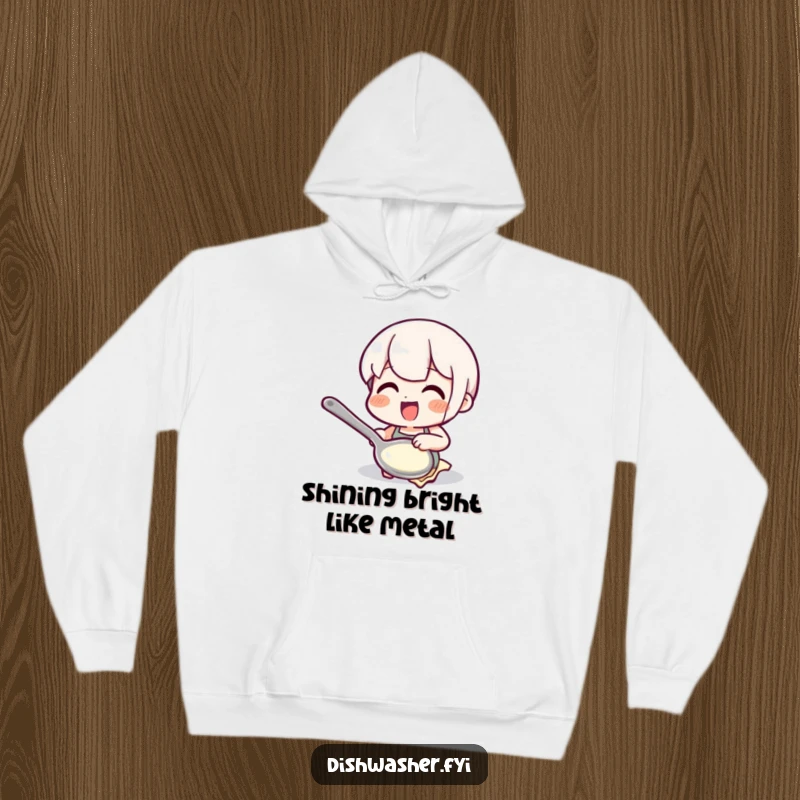 Funny polishing spoon hoodie featuring a character happily polishing a spoon, offering warmth and a comforting, humorous appeal.