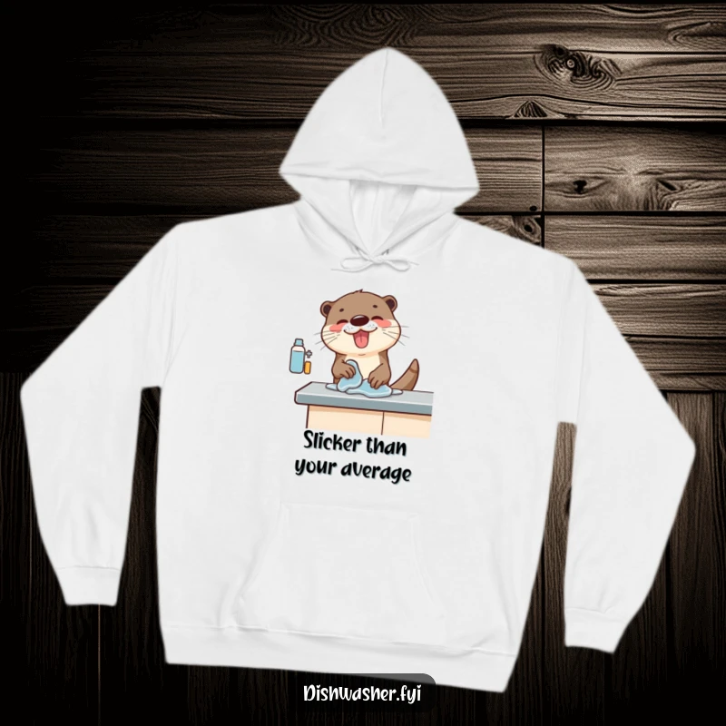 Funny hoodie depicting an otter with great enthusiasm, energetically wiping a counter, representing a fun and energetic approach to cleaning.