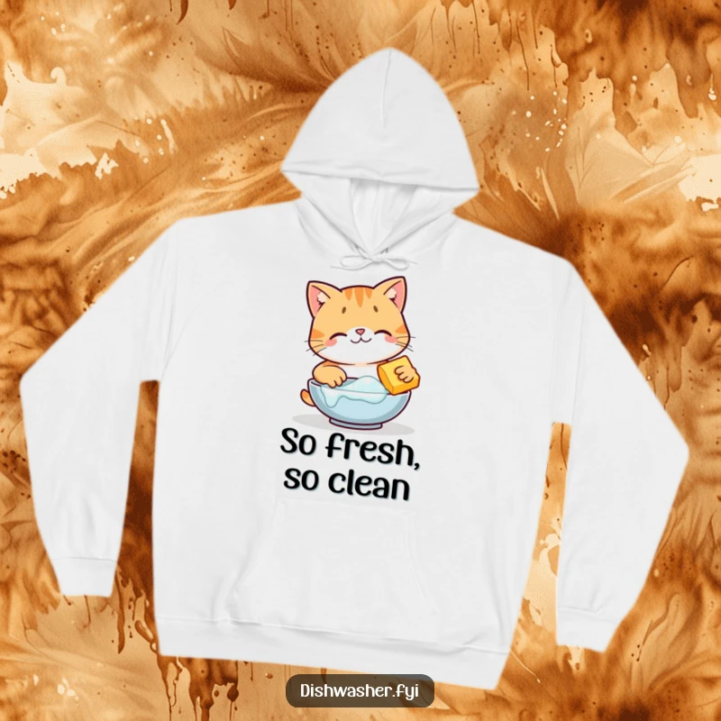Funny happy cat character scrubbing dishes with bubbles on a soft hoodie, radiating domestic charm, excellent funny gift.