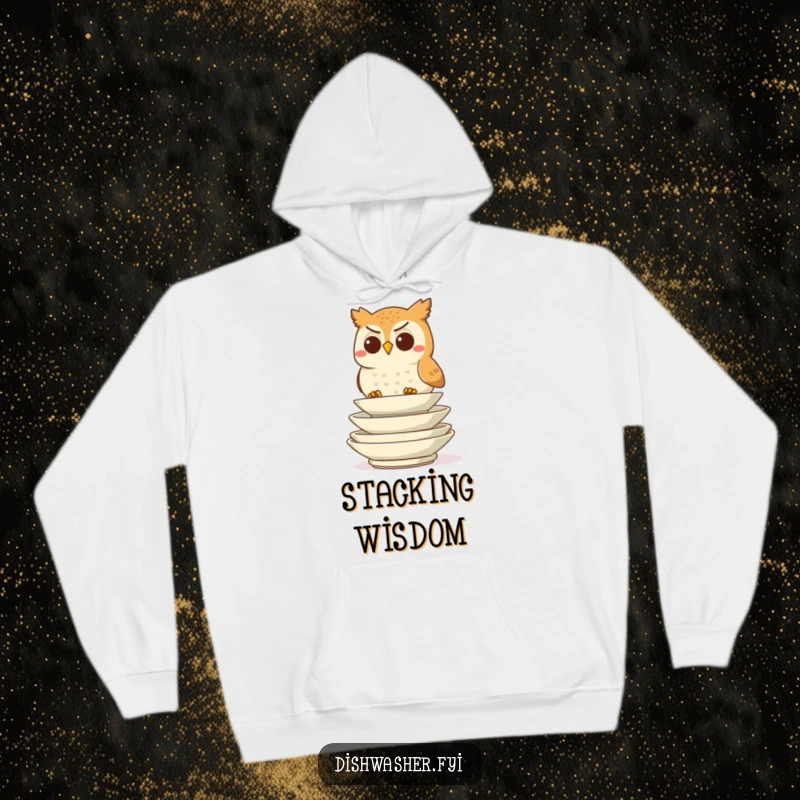 Funny determined owl character stacking plates on a soft hoodie, radiating calm focus and humor, excellent funny gift.