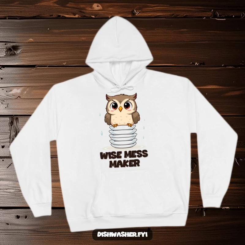 Funny hoodie featuring a surprised owl attempting to stack slippery wet plates, offering warmth and whimsical humor.