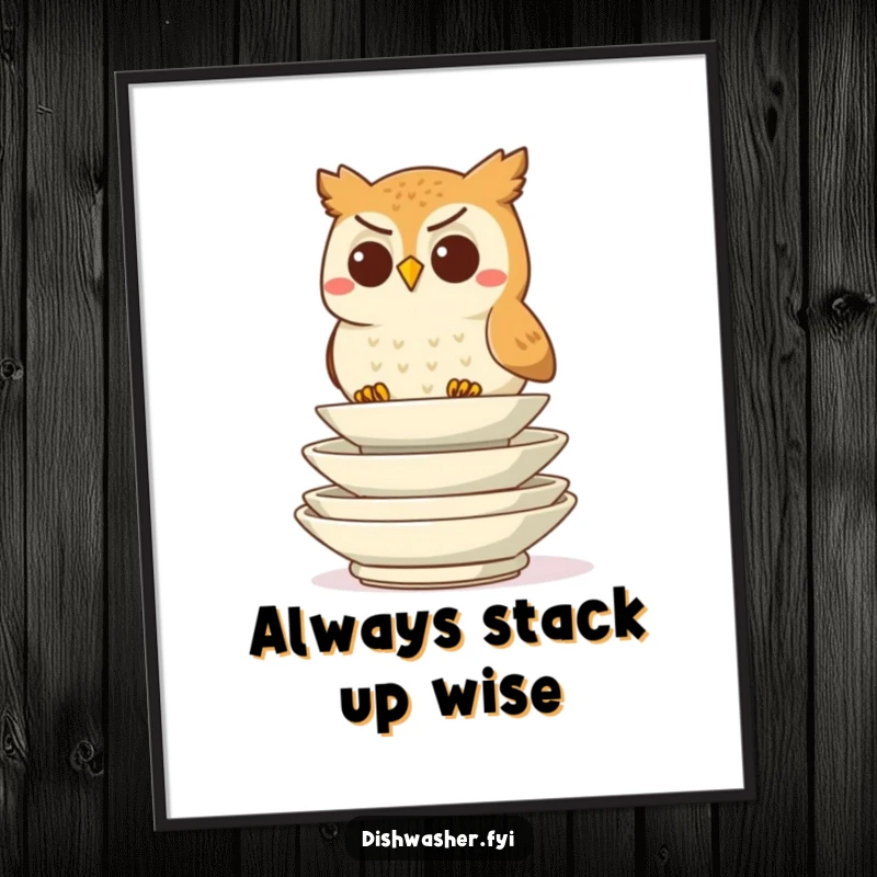 Funny free printable wall art of a determined owl character carefully stacking clean plates, bringing a sense of organized, quiet humor.