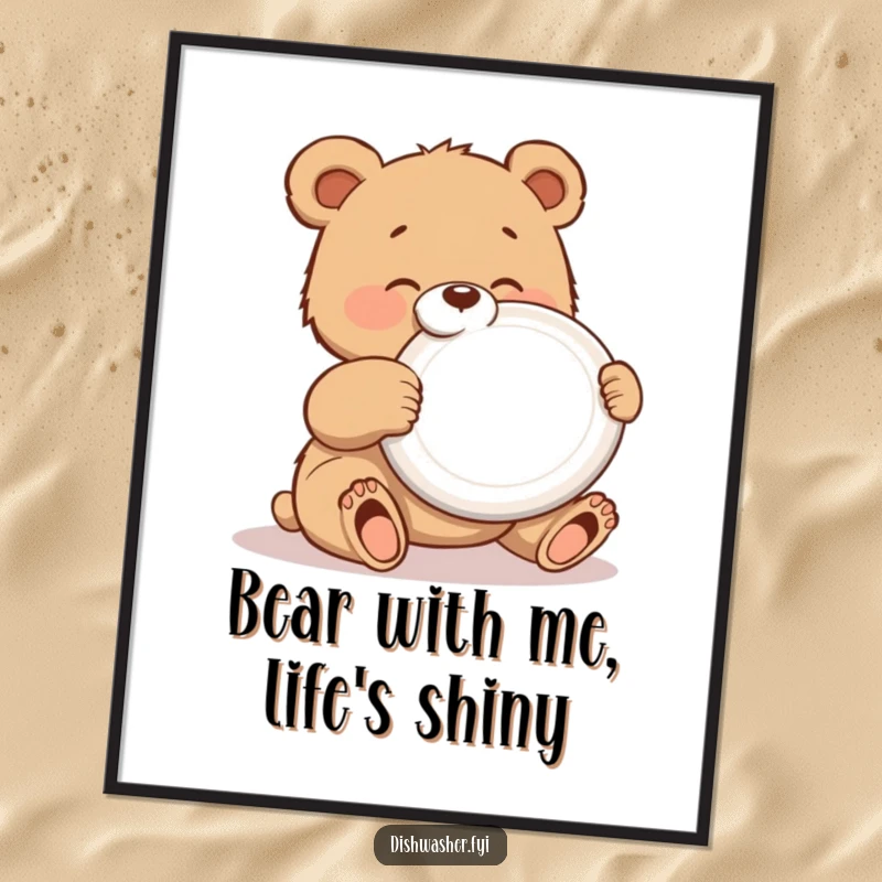 Funny Free Printable Wall Art of a bear cub gleefully polishing a shiny plate, adding a bright and polished humorous touch to decor.