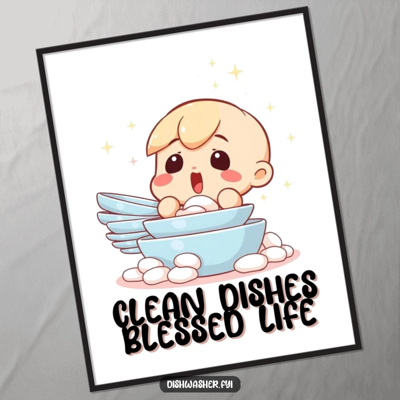 Funny Free Printable Wall Art: A character looks shocked and delighted at a miraculously sparkling clean mountain of dishes.