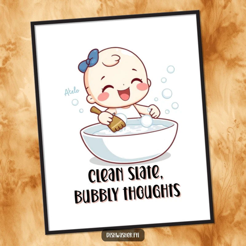 Funny free printable wall art of a cheerful character gleefully scrubbing a sparkling dish with bubbles, bringing clean humor.