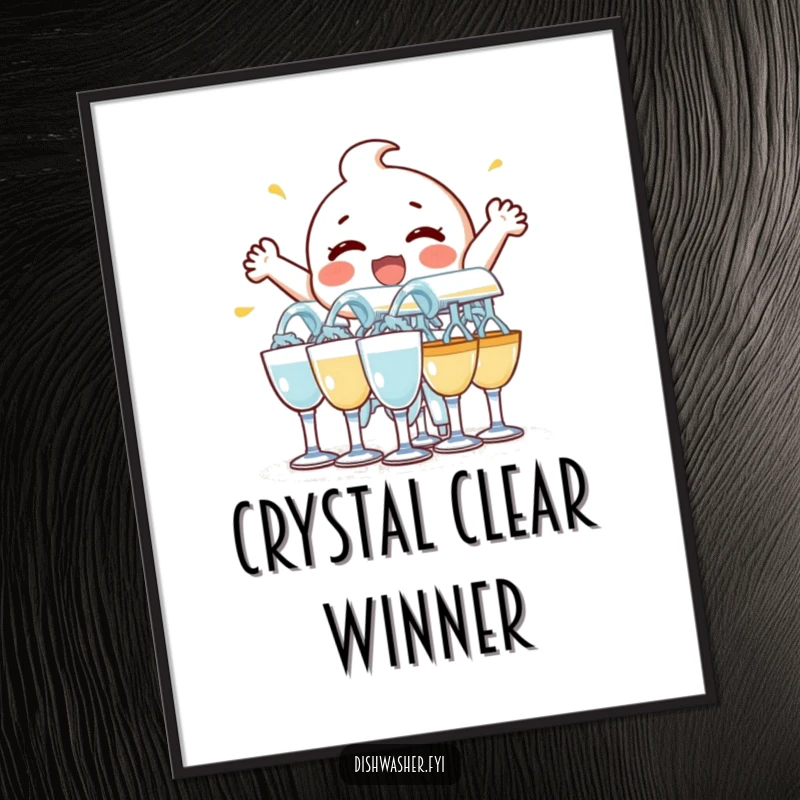 Funny Free Printable Wall Art: Delighted character energetically rinsing a stack of glasses, creating a humorous and sparkling visual.