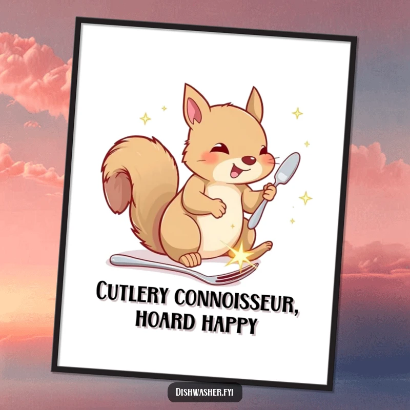 Funny Free Printable Wall Art: A joyful squirrel gleefully tucks away sparkling cutlery, bringing charm to your walls.