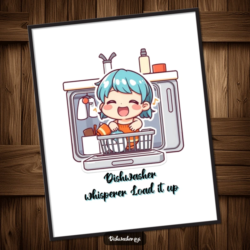 Funny Free Printable Wall Art: Cheerful character singing joyfully while loading a dishwasher, a quirky DIY decor piece.