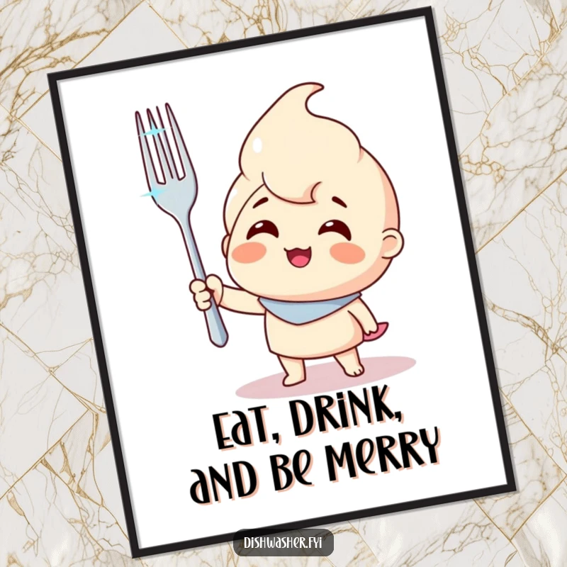 Funny Free Printable character art triumphantly holding a sparkling clean fork, a witty addition to decor.