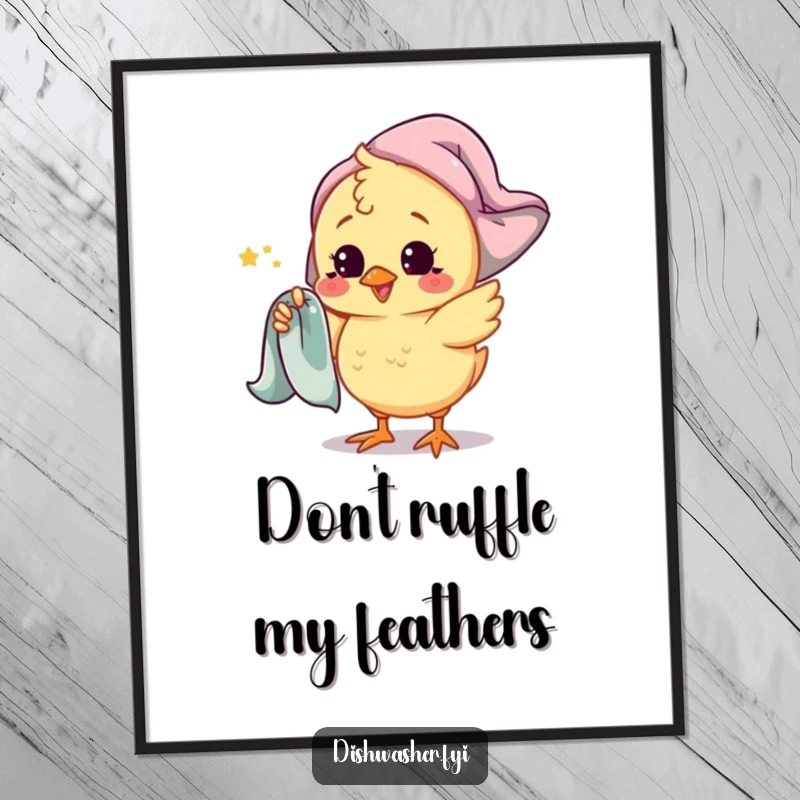 Funny Free Printable Wall Art: A playful chick character spins a drying towel around its finger, adding a touch of playful decor.