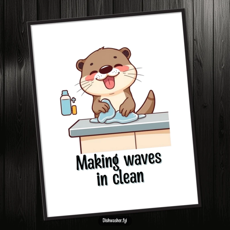 Funny Free Printable Wall Art: An otter with boundless enthusiasm energetically wiping down a kitchen counter, radiating clean fun.