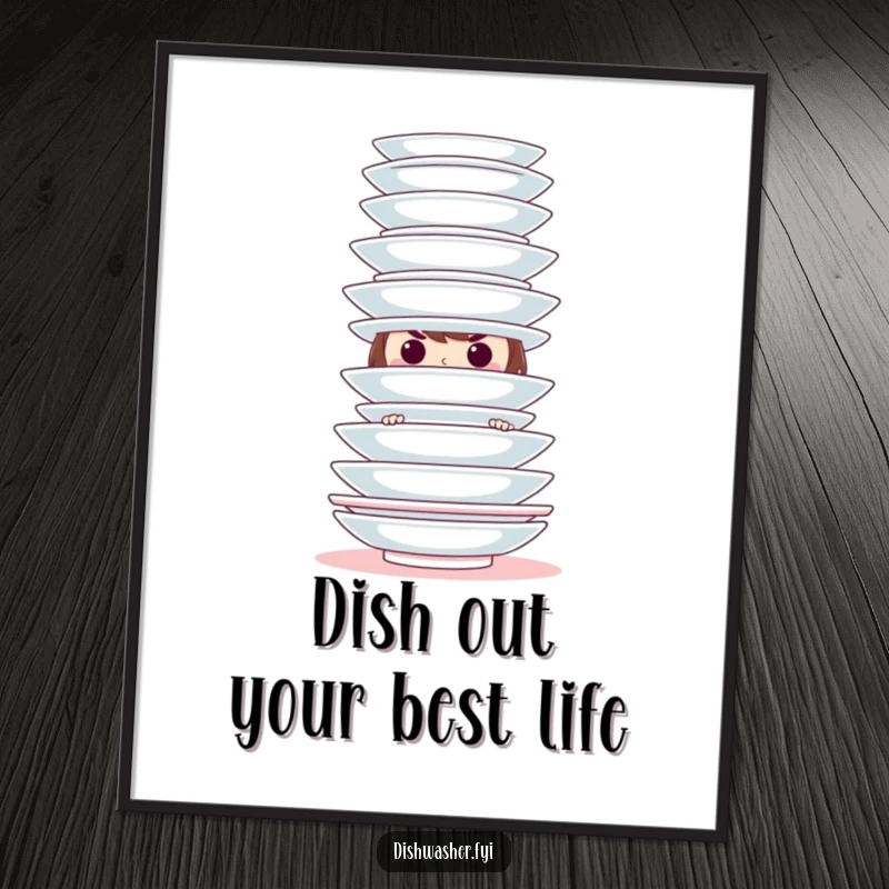 Funny Free Printable Wall Art featuring a mischievous character hiding behind a tower of clean plates, adding playful decor.
