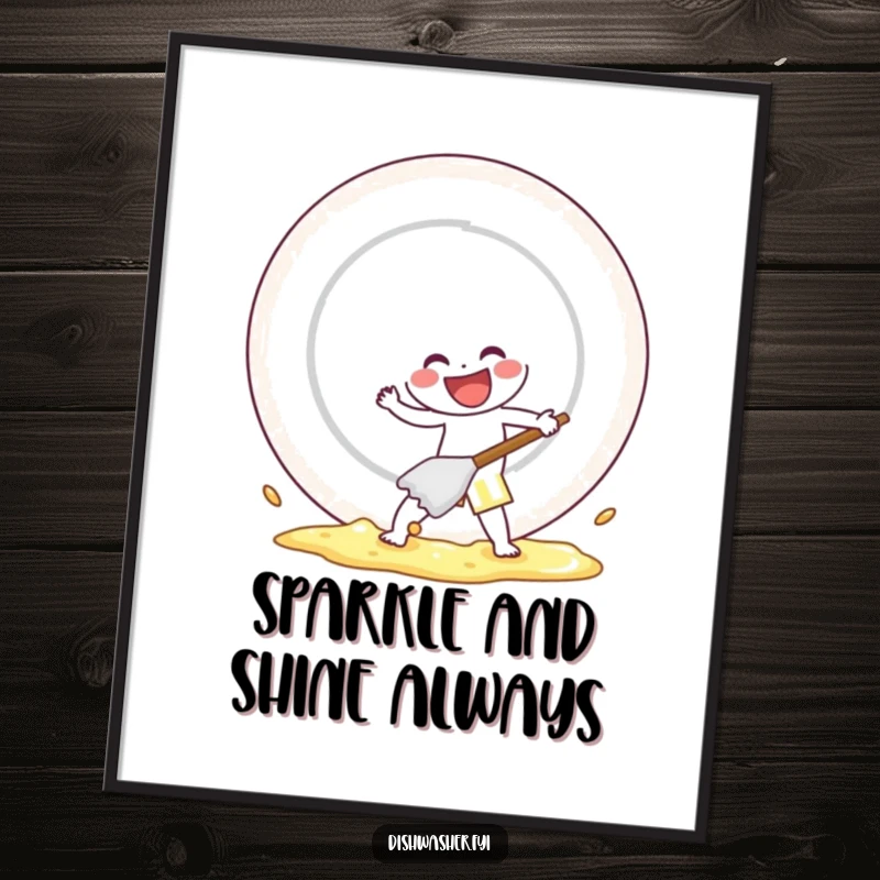 Funny Free Printable character art, energetically scrubbing a giant plate with gusto, for wall decor.