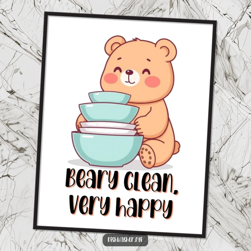 Funny Free Printable Wall Art: A bear smiling at a neat stack of clean dishes, a whimsical and downloadable art piece.