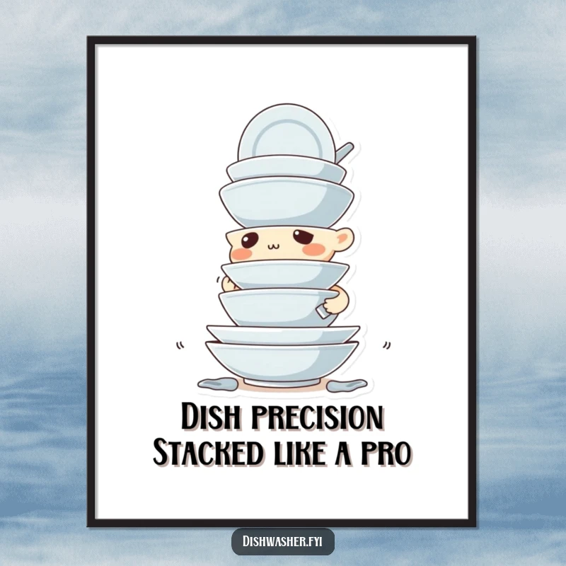 Funny Free Printable Wall Art: Determined character expertly stacking dirty dishes, a humorous DIY decor piece.