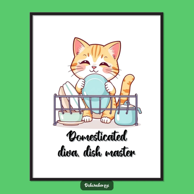 Free Printable Wall Art: Funny Cat Cleaning Dishes, Hilarious Downloadable Art for Cat Lovers