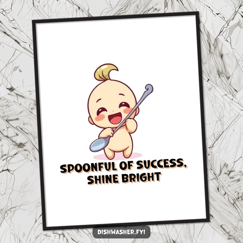 Funny free printable wall art of a character joyfully polishing a massive spoon, bringing quirky humor to any room.