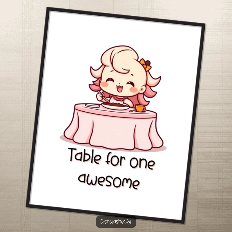 Funny Free Printable Wall Art: A beaming character meticulously setting a table with a flourish, exuding grace and charm.