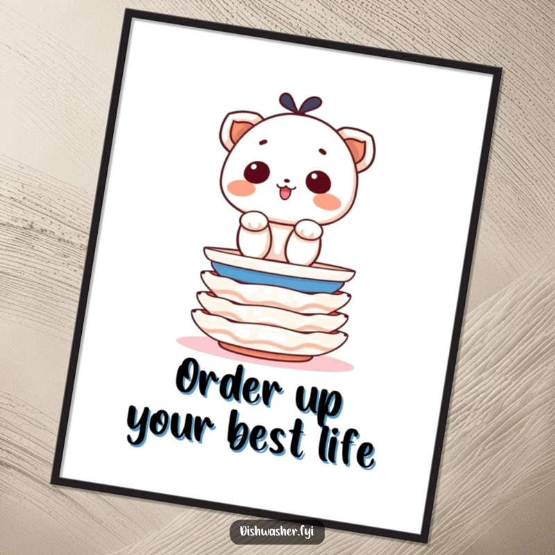 Funny Free Printable Wall Art: A character determinedly stacks clean plates with cheerful precision, bringing visual order and laughs.