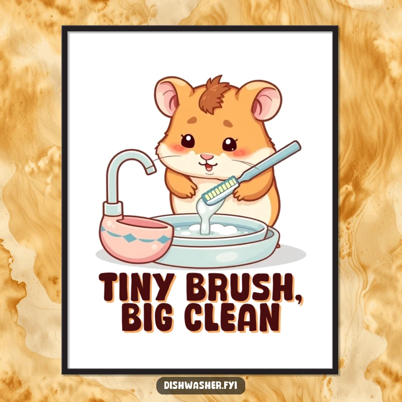 Humorous Free Printable Wall Art of a small hamster with intense focus, washing a dish using only a tiny toothbrush, utterly dedicated.