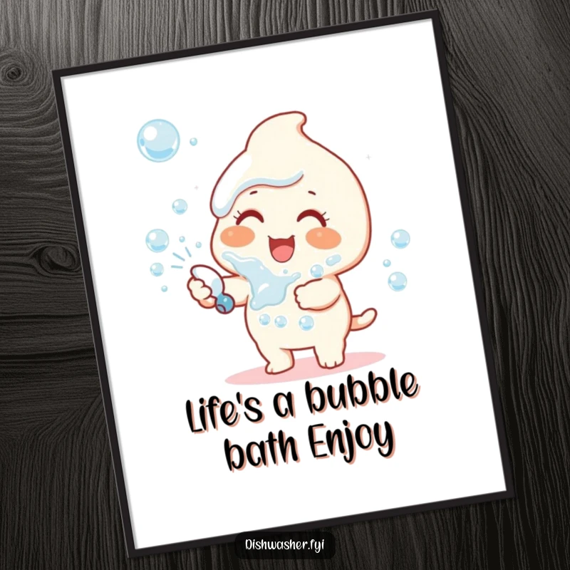 Funny Free Printable Wall Art: Happy character joyfully spraying dish soap bubbles, creating a whimsical and colorful abstract art piece.