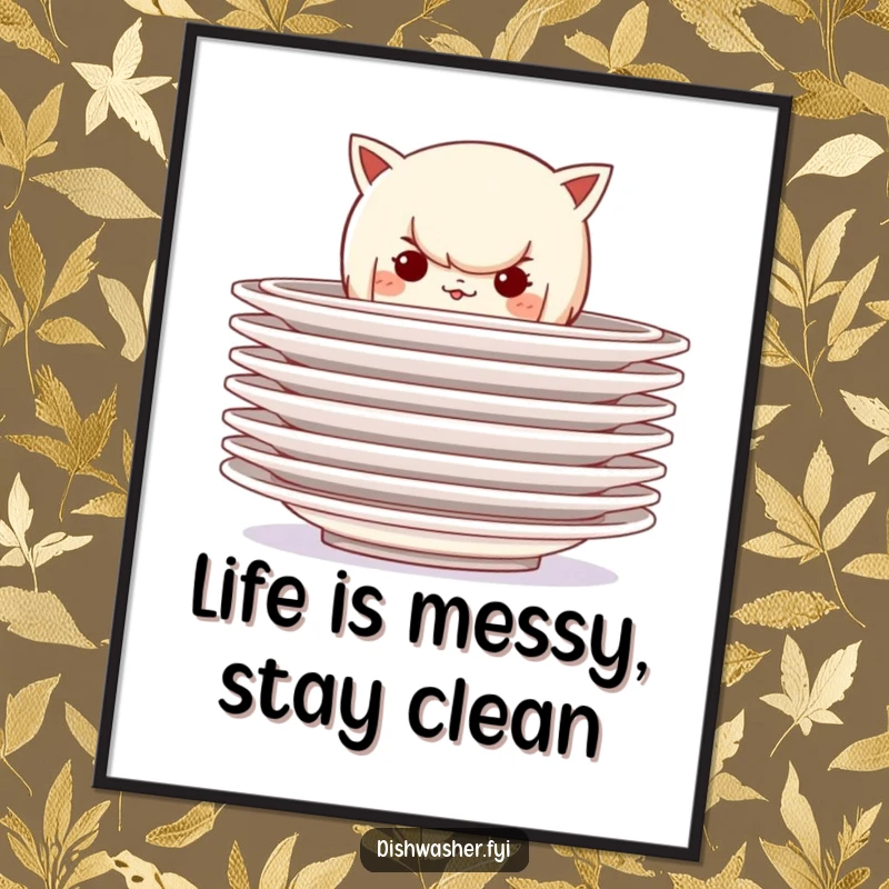 Funny Free Printable Wall Art: A mischievous character peeks playfully from behind a stack of clean plates, adding quirky humor to any wall.