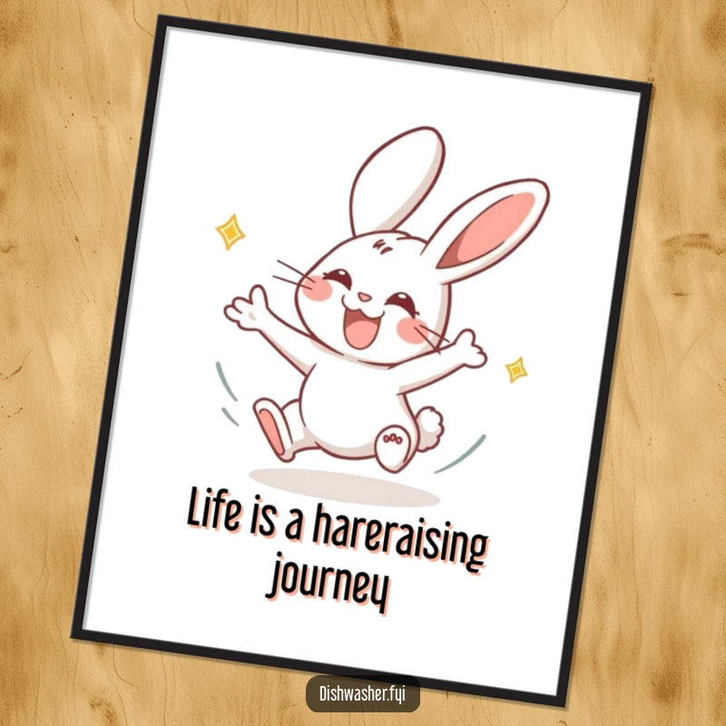 Funny free printable wall art of a joyous rabbit character drying plates with a swift, energetic motion, kitchen decor.