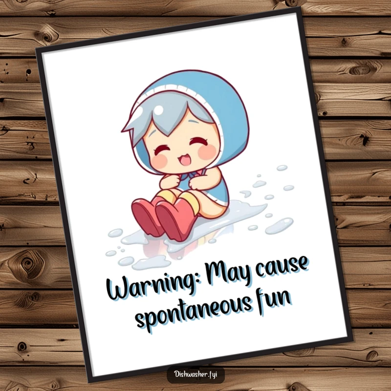 Funny Free Printable Wall Art: Playful character sliding across a wet floor in rubber boots, capturing a moment of pure, unadulterated fun.