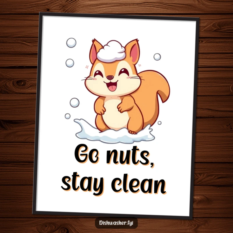 Funny free printable wall art of a playful squirrel character enthusiastically chasing away soap suds with a wide, happy grin.