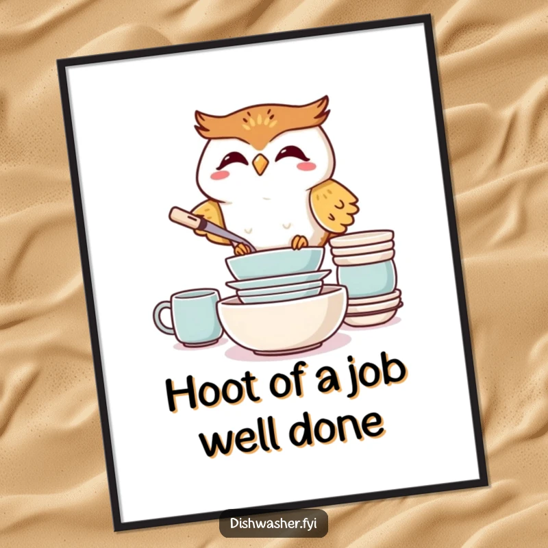 Funny Free Printable Wall Art: Giggling owl masterfully stacking clean dishes, bringing quirky charm to your decor.