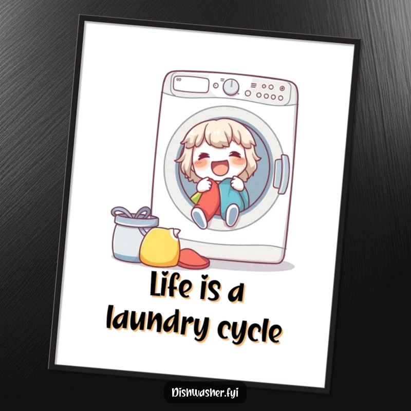 Funny Free Printable Wall Art: A spirited character joyfully loading a washing machine, a whimsical and clean design.