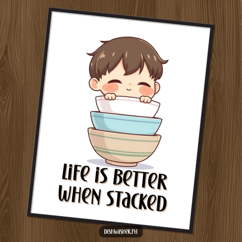 Funny Free Printable Bowl Stacker Wall Art: Content character admiring stacked clean bowls, organized decor, downloadable art.