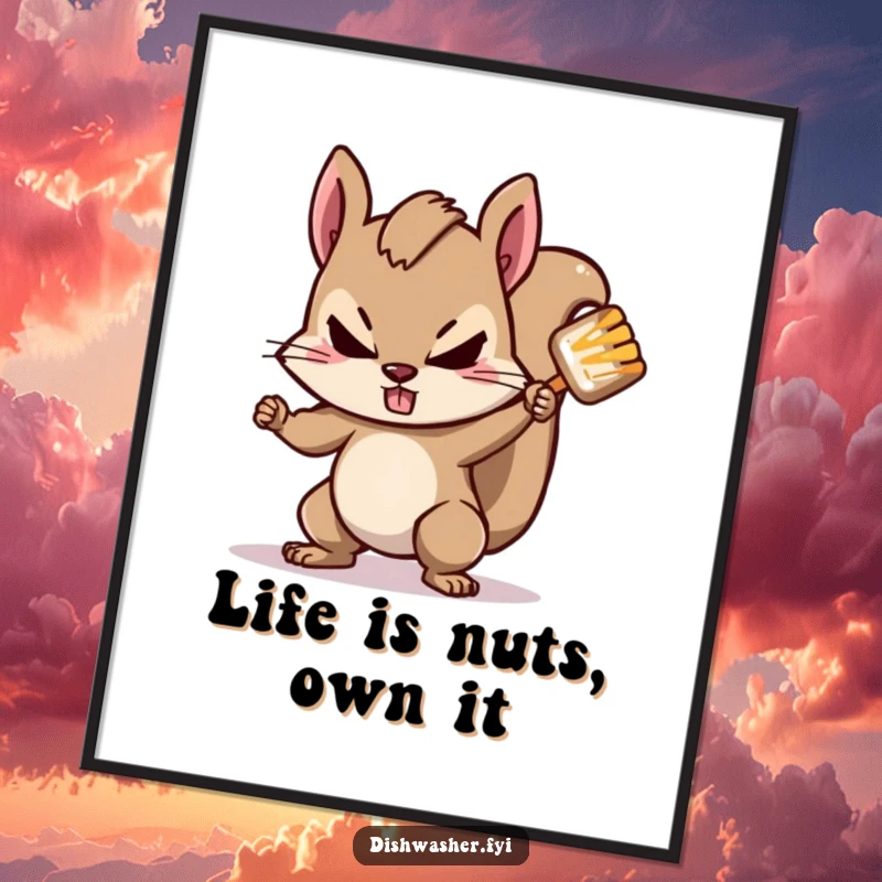 Funny free printable wall art of a determined squirrel character scrubbing a stubborn spot with gusto and a focused expression.
